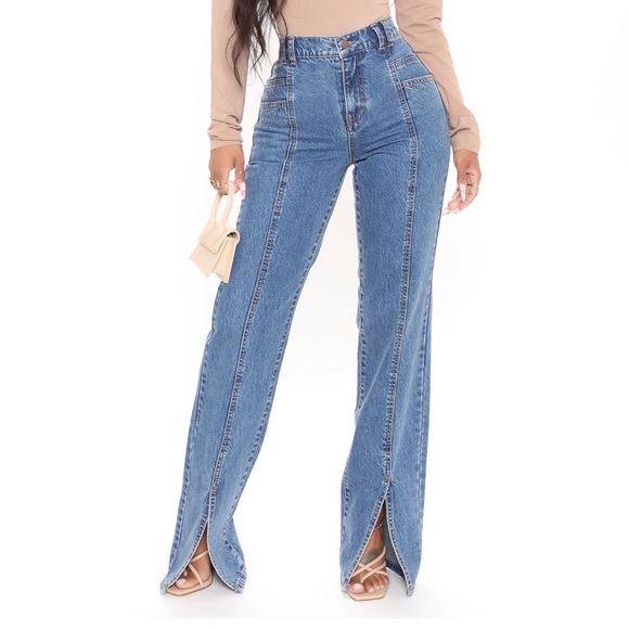 NWT Fashion Nova Make Split Happen Straight Leg Jeans Med Blue Wash - Picture 1 of 6